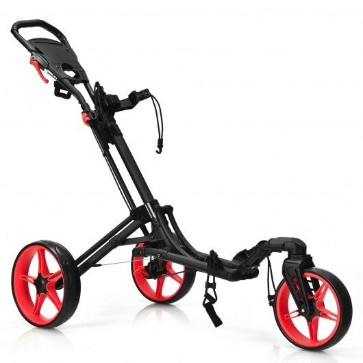 Folding 3 Wheels Golf Push Cart with Bag Scoreboard Adjustable Handle-Red - Color: Red