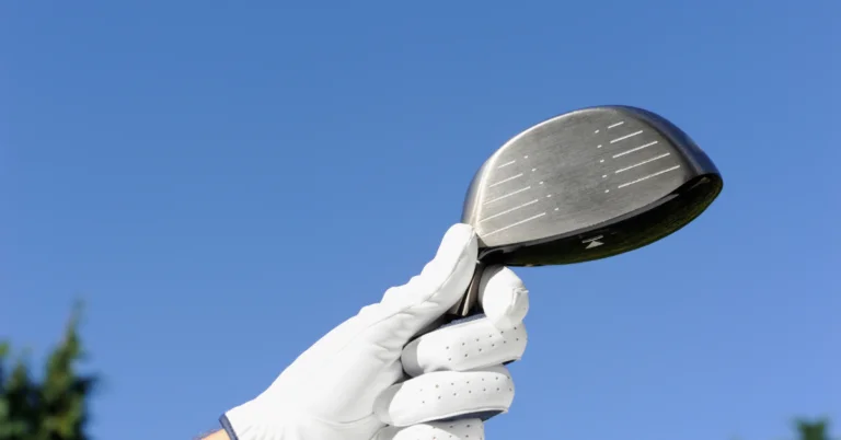 Hand with a golf glove holding up a driver.