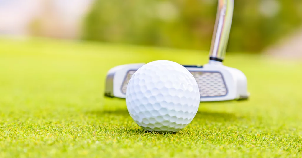 Golf ball resting in front of golf putter on the green.